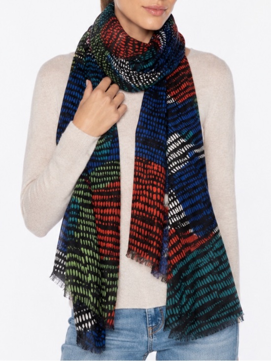 Kinross Cashmere Accessories - NWOT KINROSS CASHMERE Large Multicolor Patterned Fringe Scarf - Cashmere & Silk.